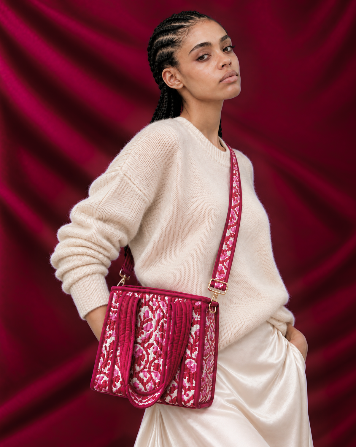 Madder Red Quilted Cotton Mini Tote Bag