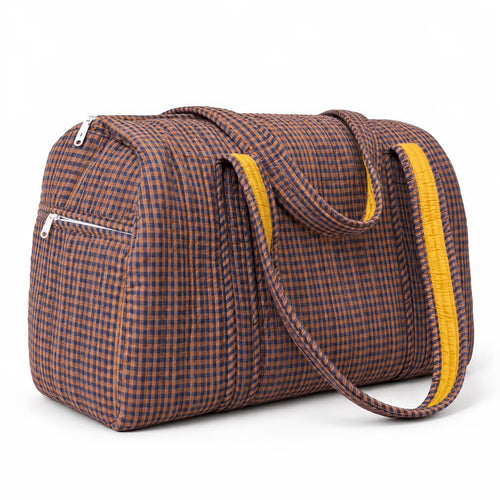 Navy Rust Check Quilted Cotton Weekender Bag