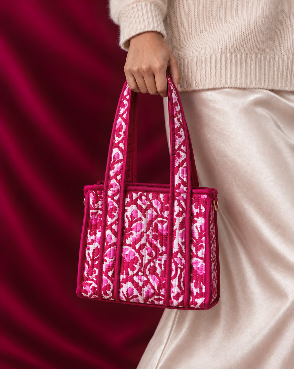 Madder Red Quilted Cotton Mini Tote Bag