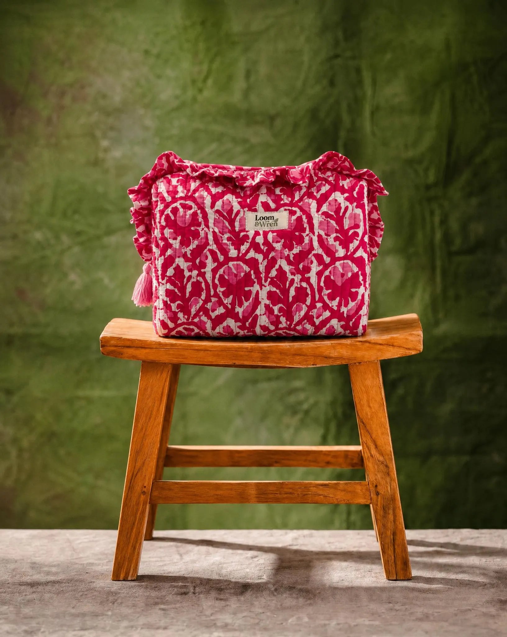 Madder Red Quilted Ruffle Toiletry Bag